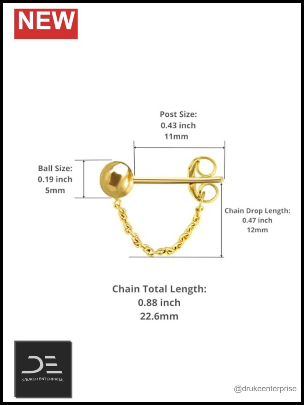 14K Solid Yellow Gold Bead Ball Stud Chain Dangle Earrings Women Dainty - Picture 2 of 3